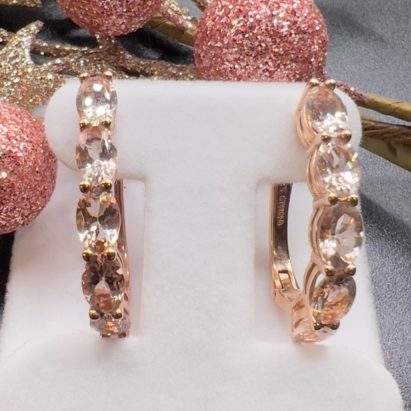 925 ROSE GOLD CHAMPAGNE RHINESTONES HOOP EARRINGS - Picture 6 of 7